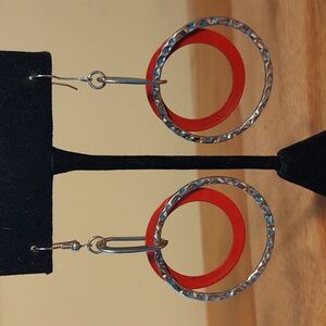 Silver & Red Hammered Dangle Earrings